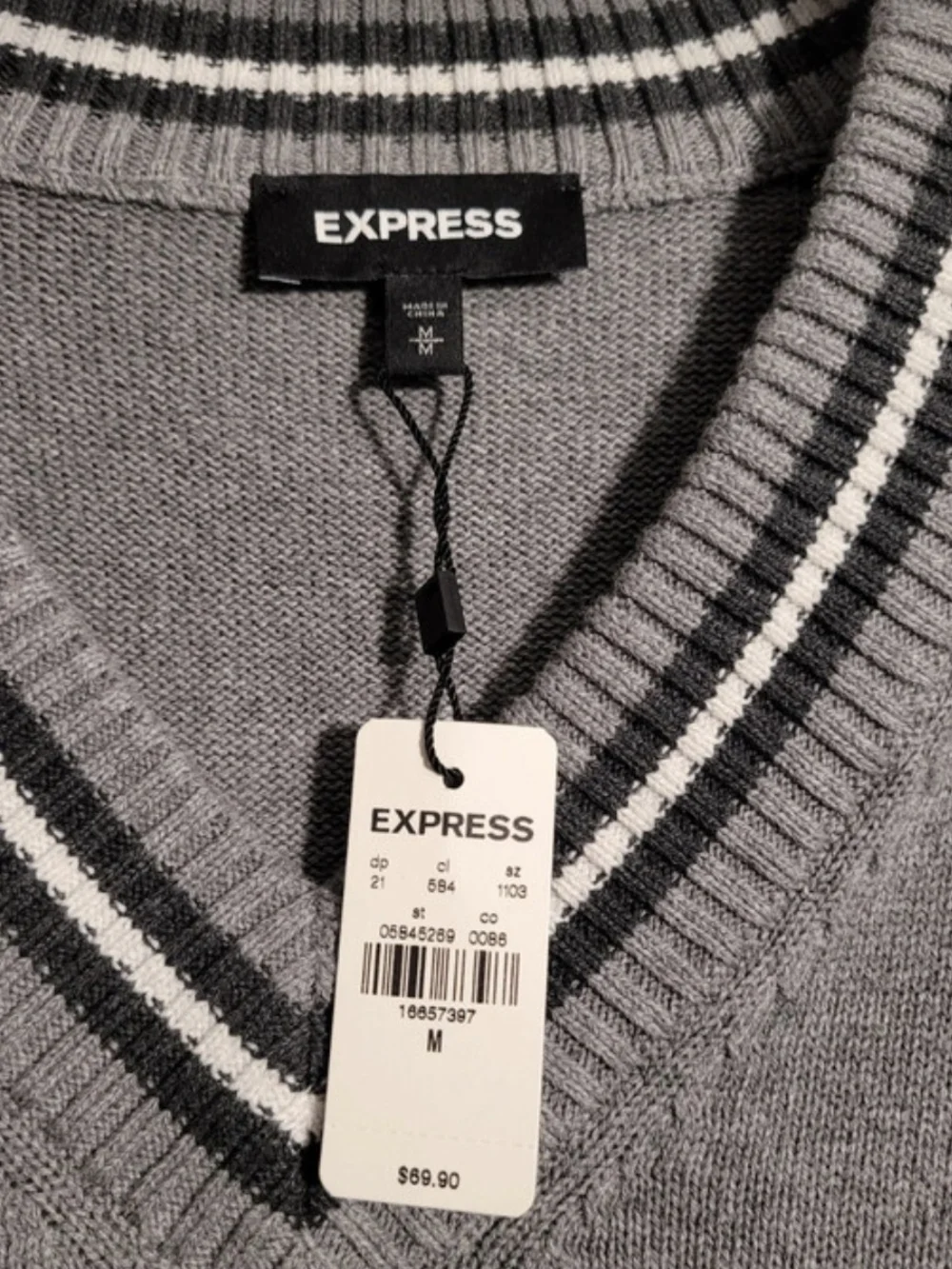 Express Men’s Gray V-Neck Sweater with Black & White Stripe Trim
